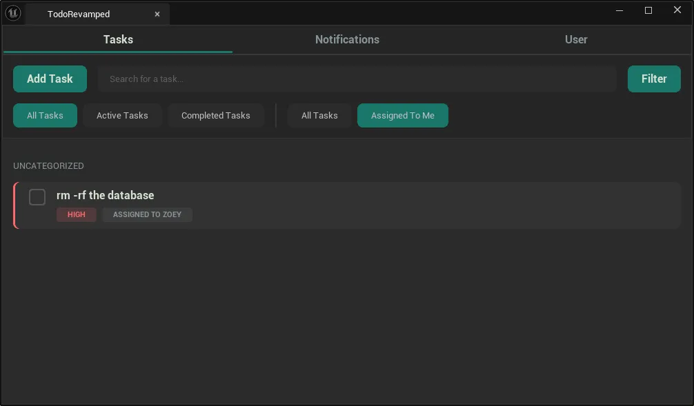 The tasks page shown with filters active, where all tasks assigned to the current user (Zoey) are displayed.