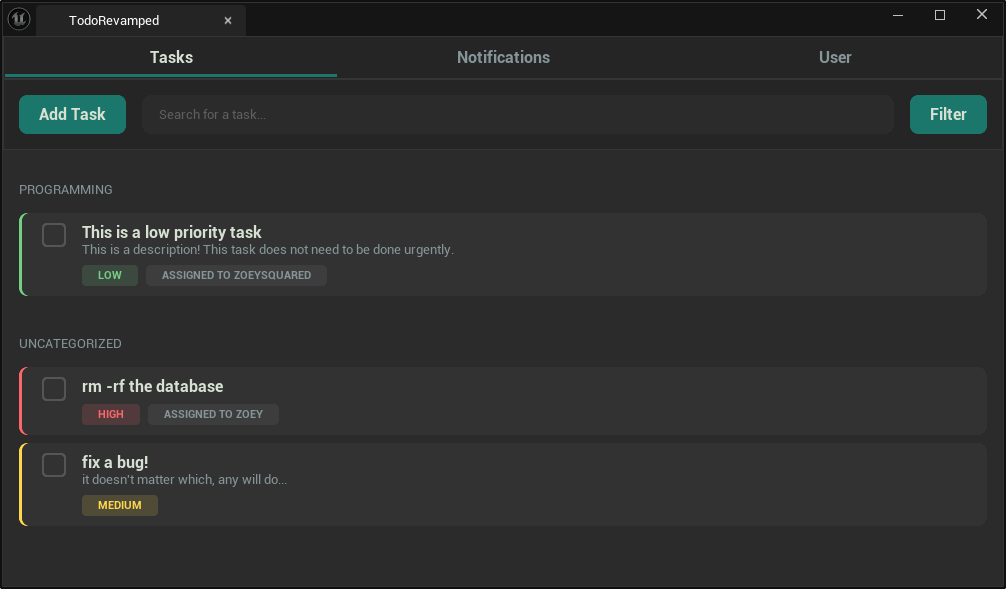 3 tasks displayed in the tasks page, showing how the menu looks with populated information.