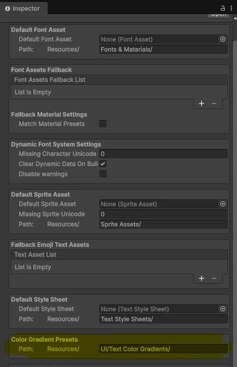 The "Color Gradient Presets" path highlighted in the properties of the Panel Settings.