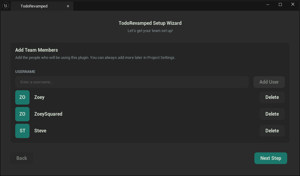 The first page of the setup wizard, showing members added to the team: Zoey, ZoeySquared, and Steve.