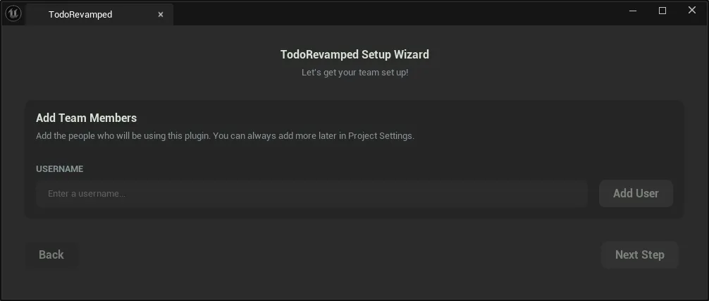 The first page of the setup wizard, allowing the user to add team members.
