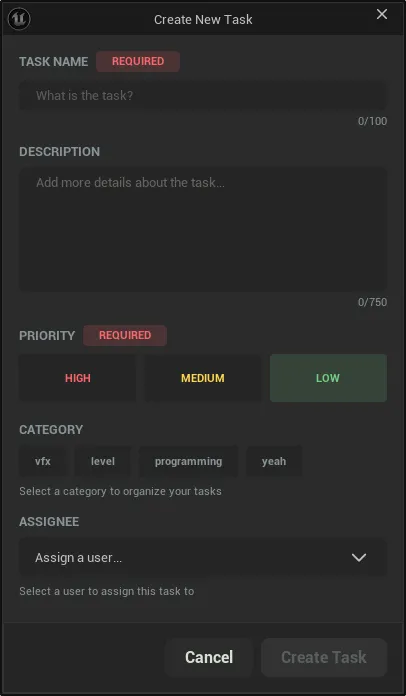 The 'Create New Task' window, showing inputs for task name, description, and selections for priority, category, and assignee.