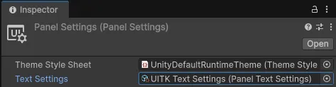 The "Text Settings" property selected in the panel settings object in the project files.