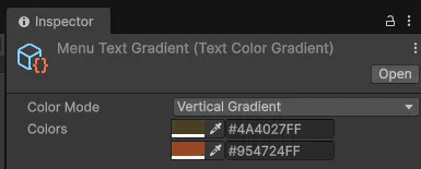 My chosen properties for the text color gradient instance I created, with a vertical gradient mode and the chosen colours.