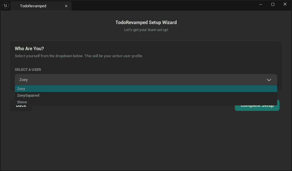 The second page of the setup wizard, showing a dropdown of all available users, prompting the user to select one.