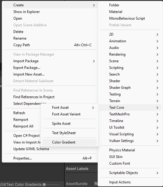 The right click context menu showing the path to create a new Color Gradient asset. Create > Text Core > Color Gradient